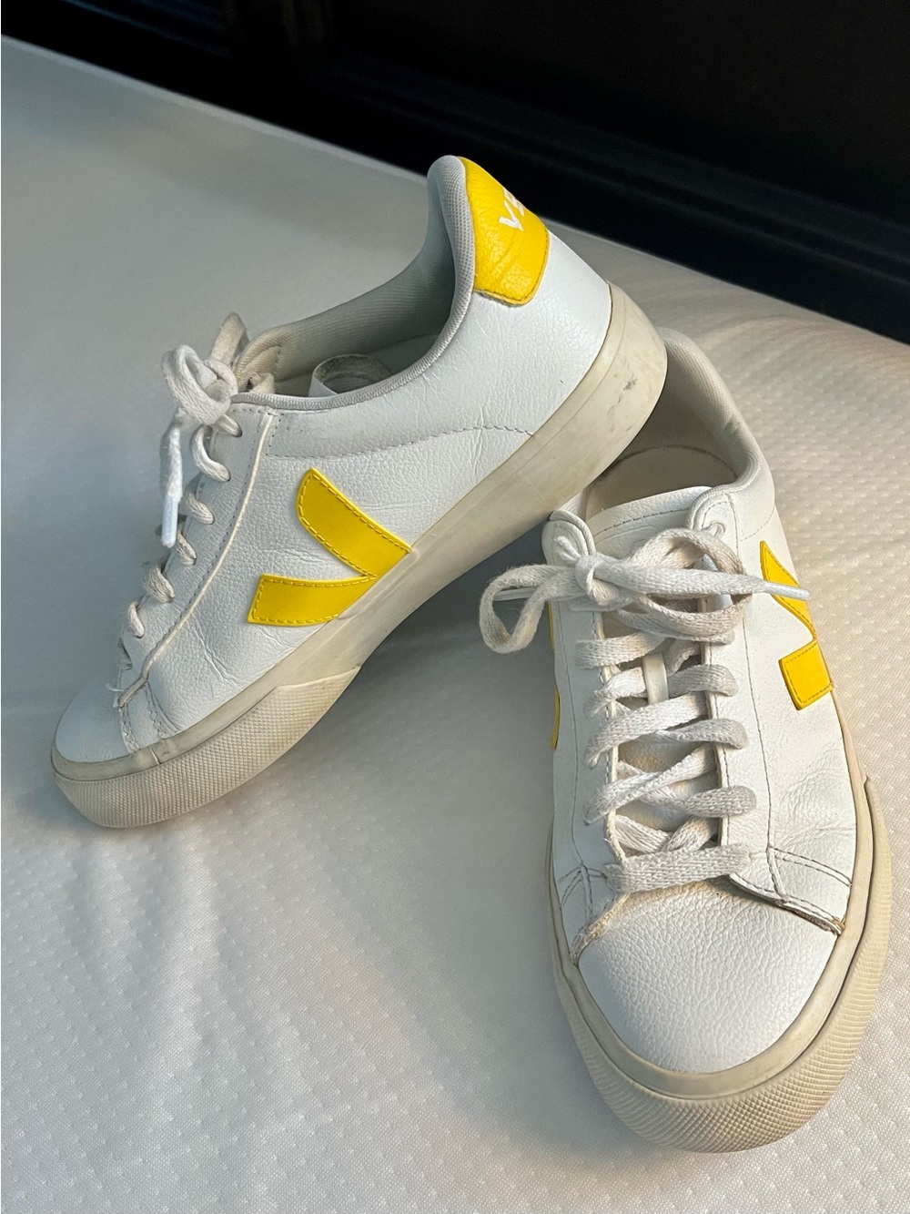 Veja Women's White Leather Low-Top Sneakers with Yellow V Logo